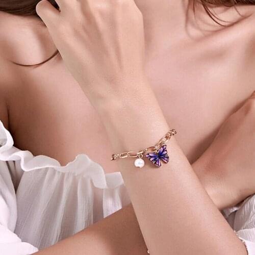 Colorful Butterfly Pendant Bracelet Bangle For Women Girl Imitation Pearls Thick Chain Bracelet Punk Bff Fashion Party Jewelry