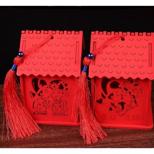 Creative House Design Wood Chinese Double Happiness Wedding Favor Boxes Candy Box Chinese-Red Classical Sugar Case SN1343