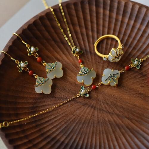 Summer special enamel porcelain inlaid Hetian jade pearl clover long earrings temperament ladies banquet silver jewelry