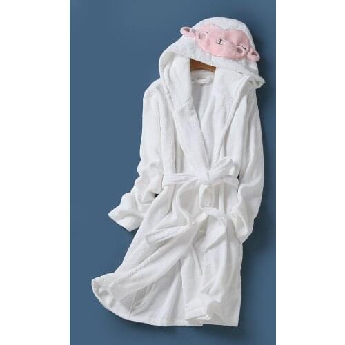 Nightgown Womens Autumn and Winter New Cotton Homewear, Bathrobe Mid-length Thick Hooded, Cold-proof and Warm White Nightgown