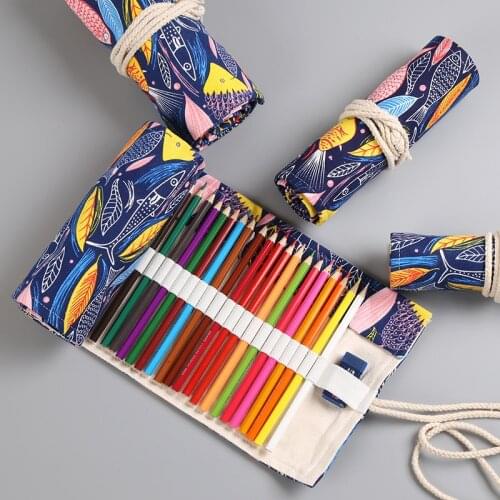 Creative Stationery Pencil Bag 36/48/72 Holes Pen Curtain Colorful Fish Cartoon Canvas Wrap Roll Up Pencil Case Pen Brush Bag