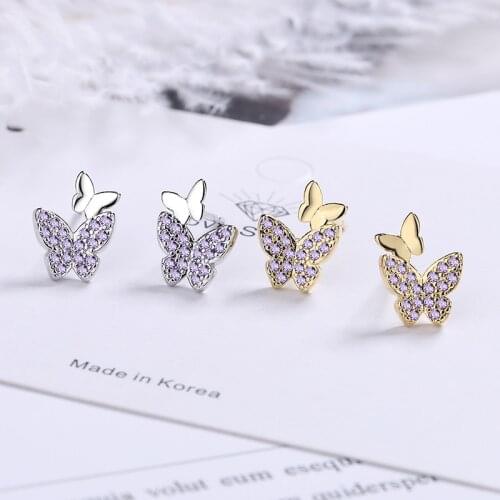 Exquisite Cubic Zircon Double Butterfly Earrings for Women Girl Small Cute Gold Silver Color Stud Earring Fashion Jewelry 2020