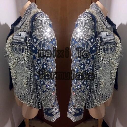 Blue jean jacket pearl rhinestone jacket nightclub concert singer dancer dress