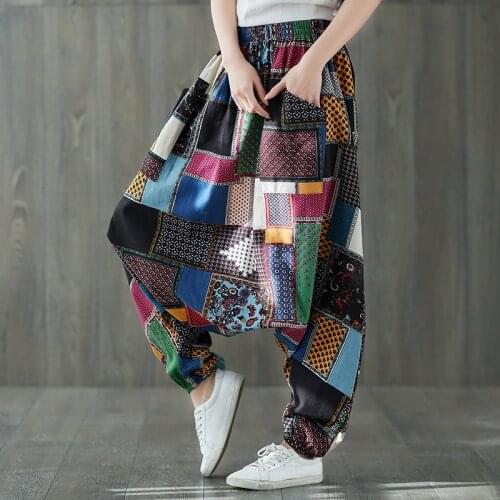 Plus Size Loose Cotton Linen Print Drop Crotch Harem Pants Bloomers Lantern Women Trousers Aladdin Indian Nepal Baggy Pants