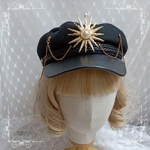 Handmade Dark Army Lo Cap JK Beret Autumn and Winter Peaked Cap Cos Lolita Navy Hat Chain Octagonal Cap