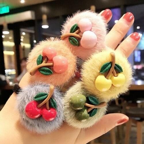 Cherry Plush Hair Rope Ties Girls Sweet Headwear Cartoon Fruit High Elastics Rubber Band Ponytail Holder Headdress Accessories