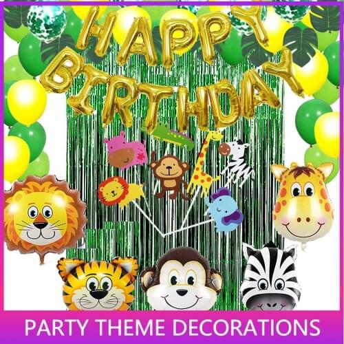 Green Balloon Jungle Animal Theme Birthday Set Party Flag Animal Head Aluminum Foil Balloon Green Rain Curtain Decor Supplies