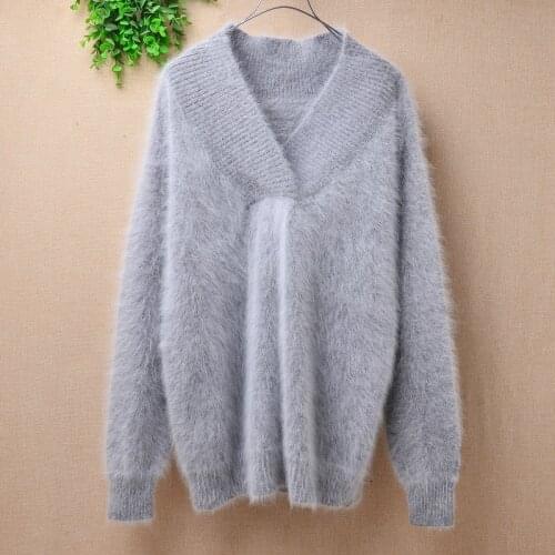 Pull female women hairy fuzzy mink cashmere knitted v-neck long sleeves loose pullover angora rabbit fur jumper sweater pull