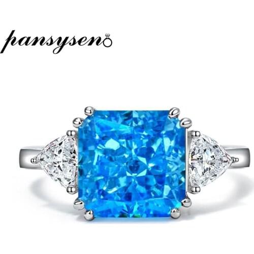 PANSYSEN 100% 925 Sterling Silver 10x10MM Sapphire Simulated Moissanite Gemstone Wedding Bands Engagement Halo Rings for Women