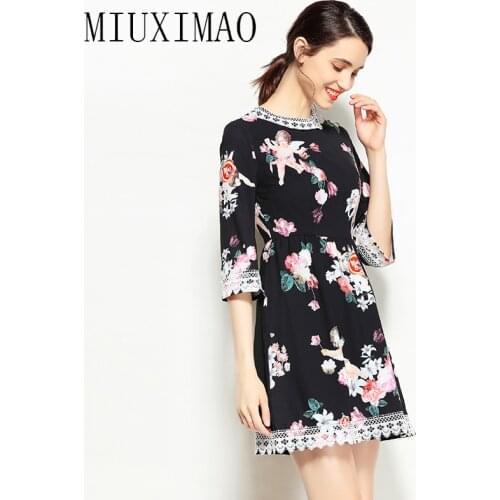 2020 Spring Newest Fashion Europe Style A-Line O-Neck Three Quarter Floral Angel Print Lace Casual Above Knee Mini Dress Women