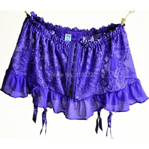 Women Sexy Embroidery See-through Lace Floral Ruffle Hem Garter Belt Suspenders with attached T String Underwear
