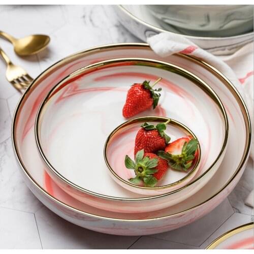 1pc Pink Marble Ceramic Dinner Dish Plate Rice Salad Noodles Bowl Soup Plates Dinnerware Sets Home Tableware Kitchen Cook Tool