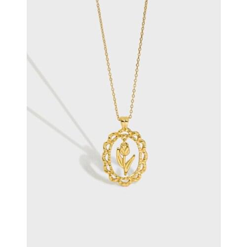 100% Authentic 925 Sterling silver tulip Flower Inside the Lace Oval Geometric Pendant Choker Necklace Punk Gothic TLX2147