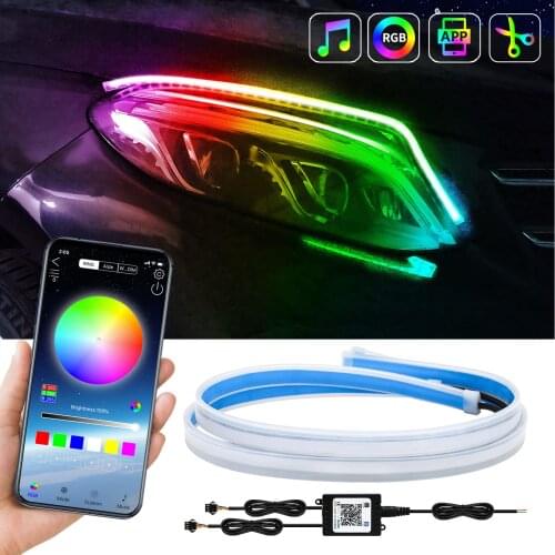 2pcs Car LED DRL Lamp Strip Flowing Daytime Running Lights RGB APP Remote 12V Flexible Waterproof Headlight Turn Signal Light
