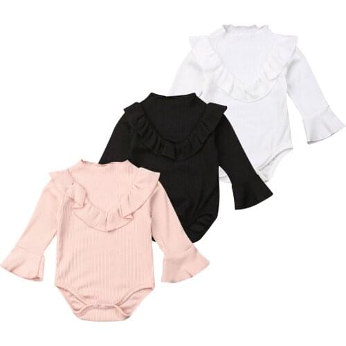 2020 New Fall Autumn 0-18M Toddler Baby Girls Ruffled Collar Bodysuit Flared Long Sleeve Solid Color Black/White/Pink