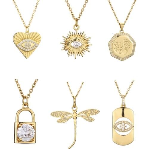 Fashion Evil Eye Pendant Necklace for Women Gold Color Chain stainless steel Necklace Collar Lock Dragonfly Neck Chain Jewelry