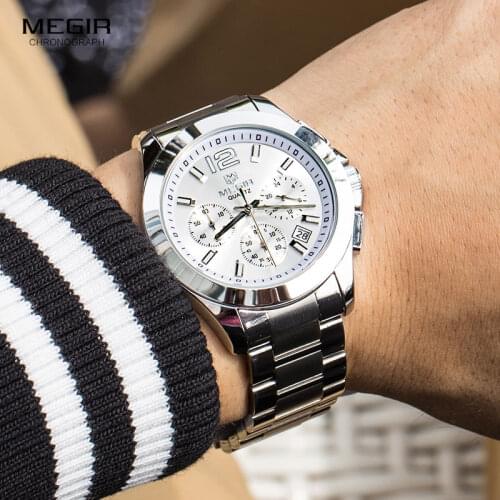 MEGIR Mens Steel Waterproof 24-hour Stopwatches Clock Relojios Fashion Chronograph Quartz Wrist Watch for Business Man 5006G-7