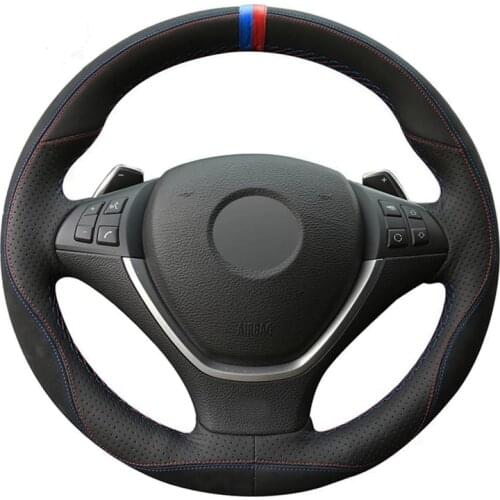 Car Steering Wheel Cover DIY Hand-stitched Soft Black Genuine Leather Suede For BMW X5 E70 2006-2013 X6 E71 E72 2008-2014
