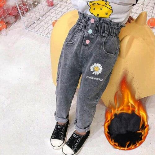 Childrens Plus Velvet Jeans Autumn Winter New Baby Girls Thicken Warm Denim Pants Fashion Cartoon Print Buttons Jeans for Girl
