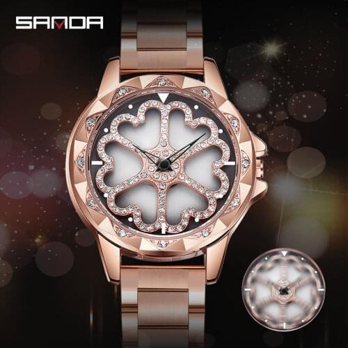 SANDA Elegant Lady Heart Shaped Rotating Dial Wrist Watch Cool Unique Quartz Relogio Feminino Diamond Bracelet Watches Best Gift