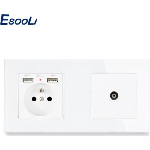 Esooli Crystal Tempered Glass Panel French Standard Electric Socket with 2 USB + Female TV Jack Television Connector 172*86mm
