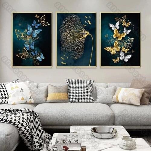 Modern Style Canvas Abstract Art Golden and Blue Butterflies and Leaves Poster and Print for Living Room Bedroom Gallery Decorat
