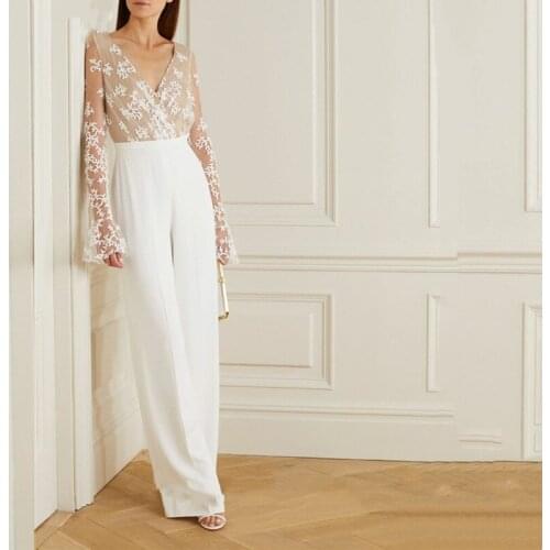 Boho Jumpsuit Wedding Dress Lace Beach Pant Suit 2021 V-Neck Long Sleeves Country Style Wedding Party Gowns Floor Length Vestido