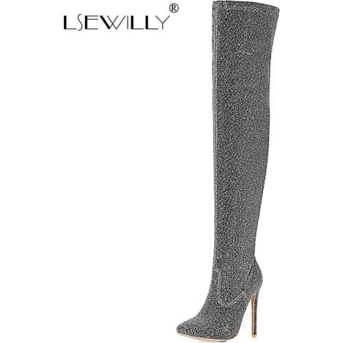 Lsewilly 2020 Sliver Over The Knee Boots Stiletto Heels Pointed Toe Black Long Boots Cool Nightclub Dress Party Shoes