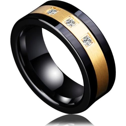 New Arrival 8mm Width Black Tungsten Engagement Rings High Polished Gold Color Brushed Finishing Inlay Three PCS White CZ Stones