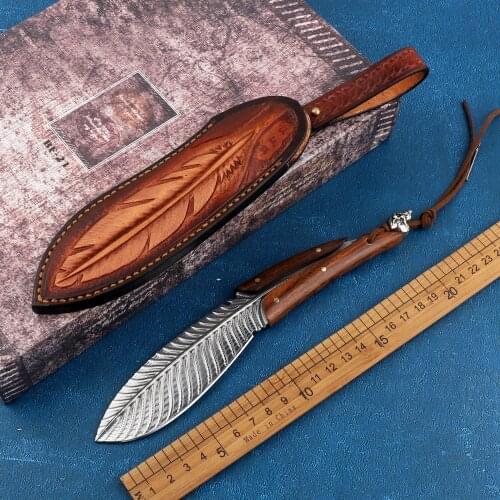 Damascus steel feather fixed straight knife tactics outdoor multi-function hunting art knife edc tool collection gift