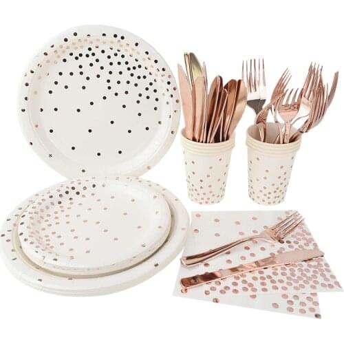 Rose Gold Dot Disposable Tableware Paper Plate Cup Napkin for Wedding Birthday Party Favor Dinner Tableware Decoration Supplies