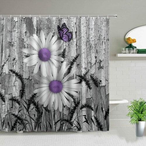 Retro Old Fashioned Wood Grain Butterfly Flower Shower Curtains Tulips Rose Lavender Bathtub Decor Creativity Bath Curtain Set