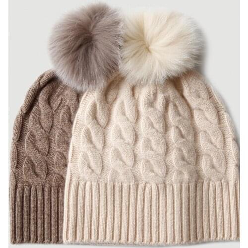 Wool ball dome knitted pure cashmere hat Women warm autumn winter cable wool hat Inner Mongolia factory