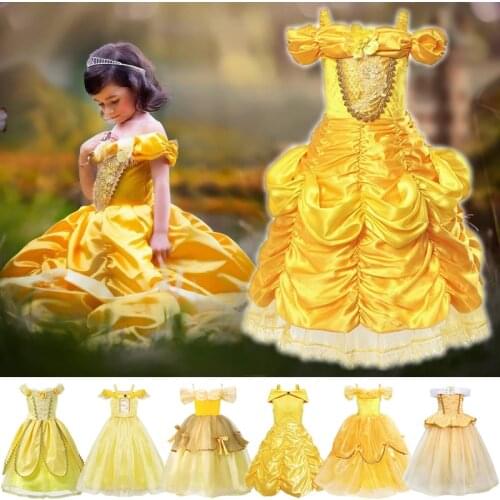 Belle Princess Party Dress For Girl Beauty And The Beast Costumes Kids Birthday Carnival Yellow Shoulderless Costumes
