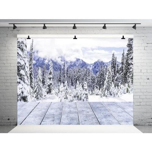 VinylBDS Winter Photography Backgrounds Wooden Floor Snow Photo Backdrops Snow-covered Trees Backdrops Children Photo Studio