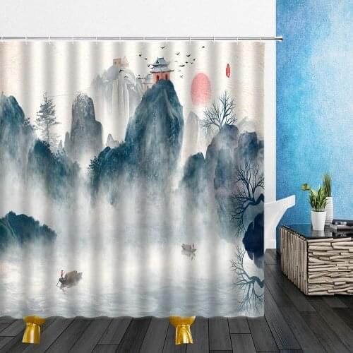 Chinese Style Landscape Shower Curtains Natural Scenery 3D Print Bathroom Home Decor Waterproof Polyester Cloth Curtain Set