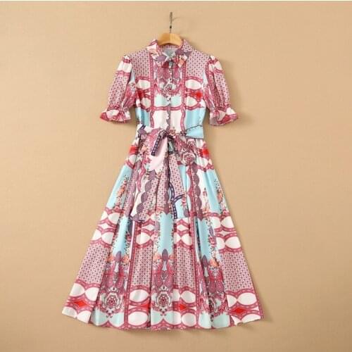 European and American womens wear for summer 2021 Vintage print on short-sleeved lapel lace-up Fashion dress