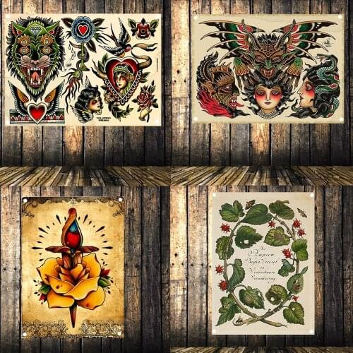 Retro Tattoo Poster Banner Flag Tapestry Wall Stickers Canvas Painting Wall Hanging Cloth Art Bar Cafe Barber Shop Home Decor T2