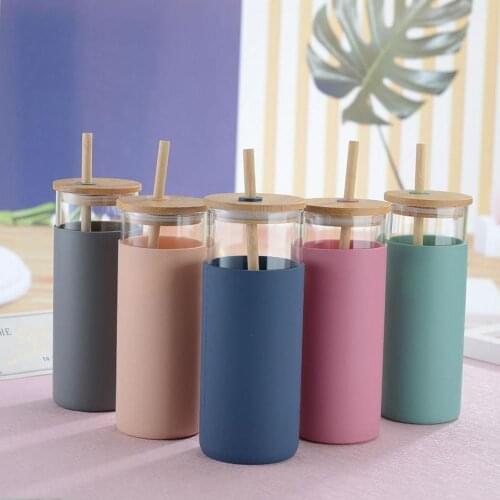 20oz Single-Wall Tumbler Protective Sleeve Wood Lid Glass Cup Bottle with Straw