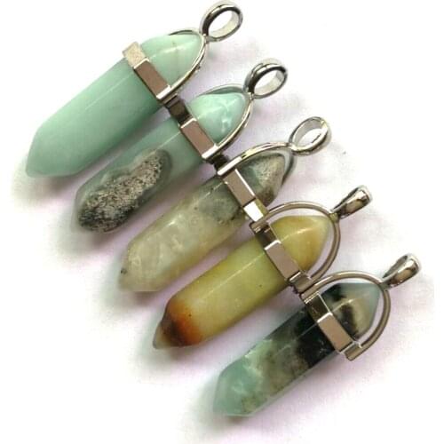 24pcs/lot Hot Sale Hexagonal Column Charms Natural Stone Amazonite Pendants Two Sharp Angle Quartz Beads for Jewelry Making Free