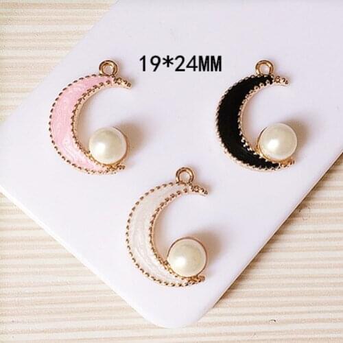 Free Shipping Jewelry Charms Gold Tone Alloy Glitter Enamel Moon Pearl Bracelet Necklace Pendant Charms Oil Drop Floating Charm