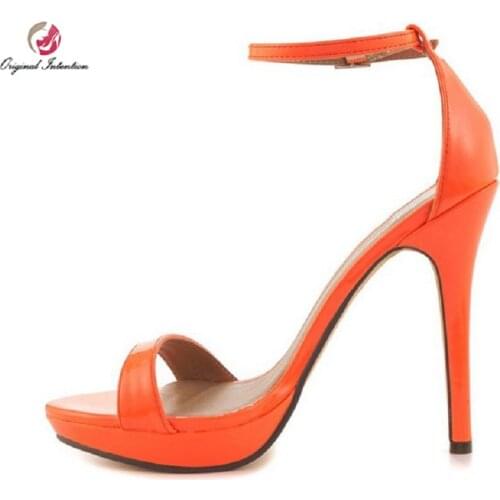 Original Intention Women Sandals Patent Leather Platform Thin Heels Sandals Black Orange Yellow Shoes Woman Plus US Size 4-15
