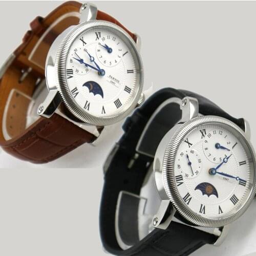 42mm parnis White Dial Blue Marks Leather strap GMT Moon Phase automatic Mechanical mens Watch