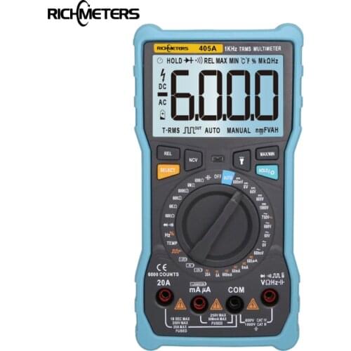 RICHMETERS 405A True-RMS 20A Digital Multimeter 6000 Counts AC/DC Voltage Current Ohm Temperature Auto/Manual Square Wave