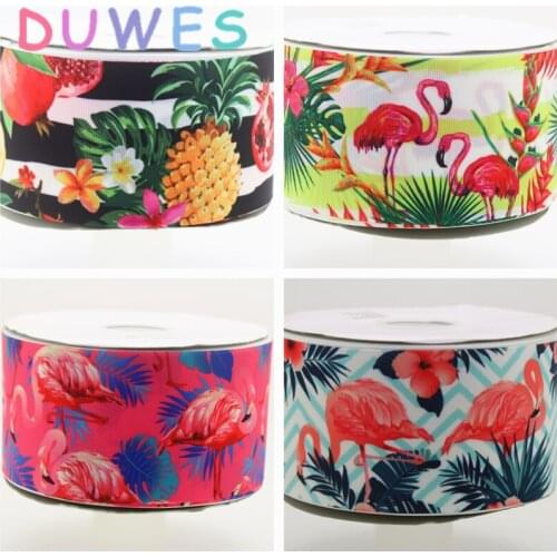 DUWES 3'' 50yards flamingo leaf fruits printed grosgrain Ribbon Accessory hairbow headwear decoration Wholesale OEM D865
