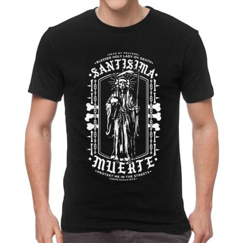 Santa Muerte T Shirts Men Short Sleeve Cotton T-shirt Streetwear Lady of Holy Death Mexican Skull Tee Novelty Tshirt Gift