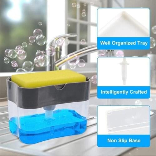 2-in-1 Sponge Rack Soap Dispenser 13 Ounces Soap Pump & Sponge Caddy Bathroom Kitchen Organizer Household Cleaning Accessories