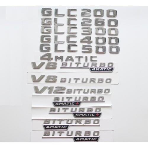 Chrome Trunk Letters Badge Badges Emblem Emblems for Mercedes Benz GLC200 GLC280 GLC300 GLC350 GLC400 GLC500 V8 BITURBO 4MATIC