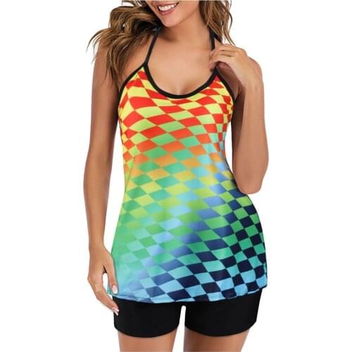 Large Size Summer Colorful Grid Print Tankini Tummy Control Two Piece Bathing Suit Plus Size 5XL Sexy Beach Party Swim Dress