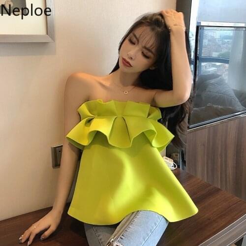 Neploe Ruffles T Shirts Women Elegant 2021 Strapless Sleeveless Off Shoulder Ladies Tops Fashion Solid Sexy Female Tees 1A1072